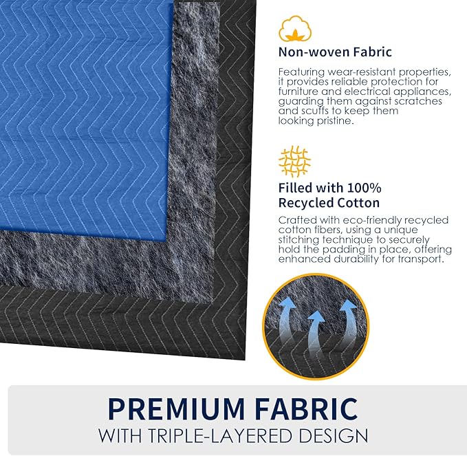 Moving Blankets 12 Packs, Extra Large 80"x72" Furniture Moving Pads, Reusable Packing Blankets, Professional Quilted Furniture Shipping & Storage Pads for Couch Desk Cabinet Appliances, Blue and Black