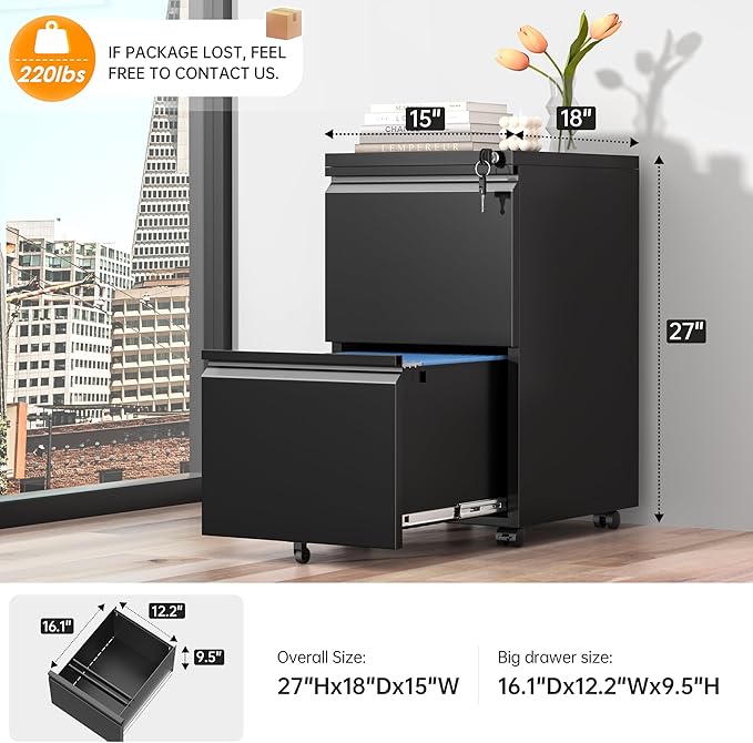 INTERGREAT 2 Drawer File Cabinet, Metal Filling Cabinet with Lock, Locking Office Mobile Cabinets with Wheels for Legal/Letter Size, Under Desk, Black