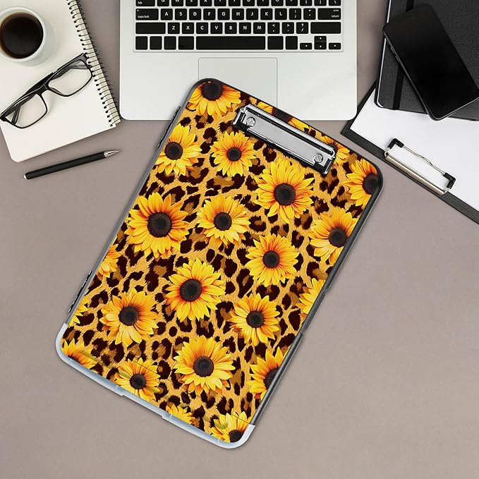 Clipboard with Storage,Office Supplies Nursing Clipboards Folder with Pen Holder Plastic Storage ClipBoard Foldable for Teacher Nurse,Sunflower Leopard Print