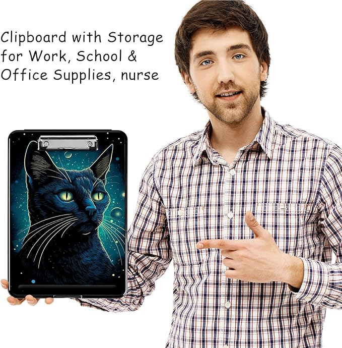 Clipboard with Storage, High Capacity Plastic Storage Clipboard with Pen Holder for Women Teachers Work, School & Office Supplies, Cute Pattern Decorative Clipboards, Planet Cat