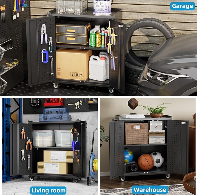 Aobabo 34.3 Inches Metal Storage Cabinet with Wheels and 2 Pegboards, Lockable Rolling Tool Storage Cabinet with 1 Adjustable Shelves for Garage,Assembly Required,Black