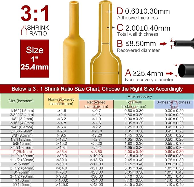 Chanzon 3:1 Ratio 1" (25.4mm) Heat Shrink Tubing - Marine Grade Waterproof Adhesive Lined - 4Ft Roll (1.22M Total Length) Yellow Polyolefin Sleeving Wrap Shrinking 3 to 1 Ratio 1pcs