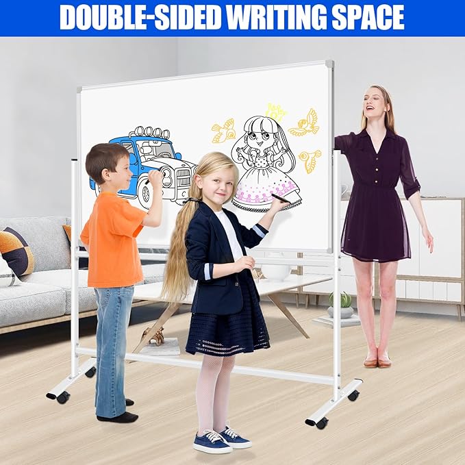 Large Rolling White Boards on Wheels 60 X 48 Magnetic Dry Erase Board with Stand, Double-Sided Mobile Whiteboard with Stands, 5' x 4' White Board with Eraser & Marker & Magnet & Calendar