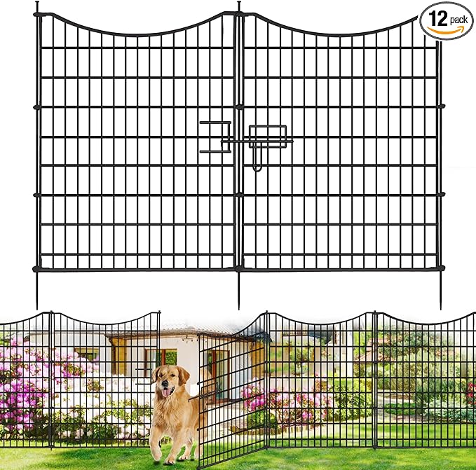 12 Panels No Dig Decorative Fence with Gate, 42 in(H) X 27 ft(L) Tall Garden Fence Animal Barrier, Rustproof Metal Wire Edging Border, Temporary Dog Blocker for Outdoor, Yard, Patio