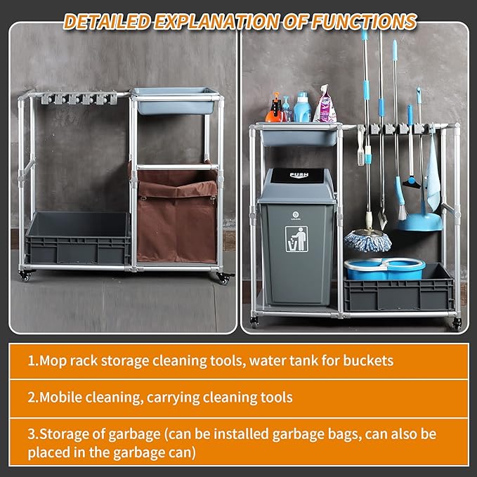 Janitorial cart Rolling Cleaning cart on Wheels for Cleaning Supplies Housekeeping Station Broom and mop Organizer