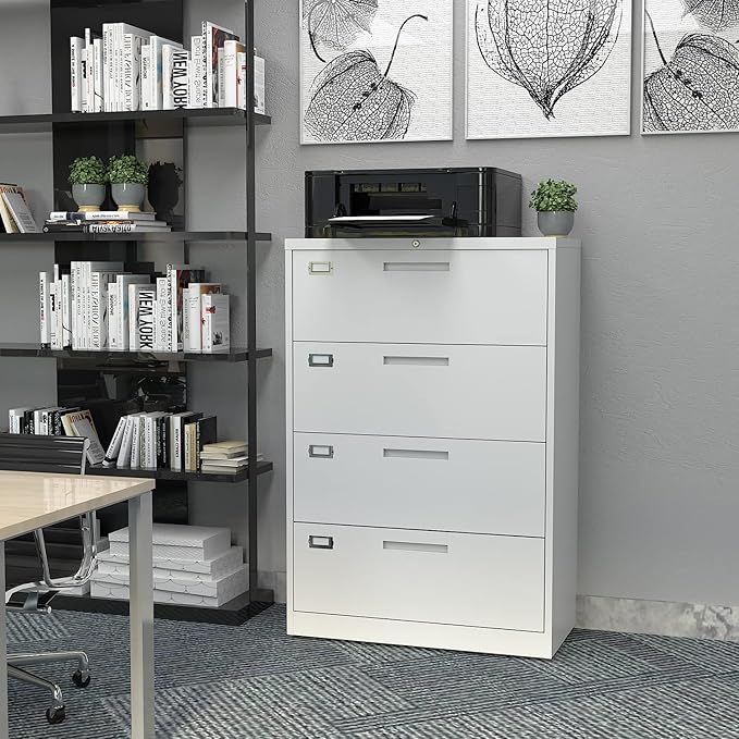 4 Drawer File Cabinet with Lock Metal Lateral File Storage Cabinet Office Home Steel Lateral File Cabinet for A4 Legal/Letter Size Wide File Cabinet Locked,Assembly Required (4 Drawer, White)