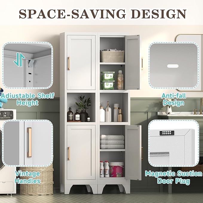67" H Tall Bathroom Storage Cabinet with 2 Doors ＆Adjustable Shelves,Narrow Metal Cabinet with Open Countertop,Narrow Storage Unit for Small Space,Bathrooms,Entryway,Kitchen- Assembly Required(White)
