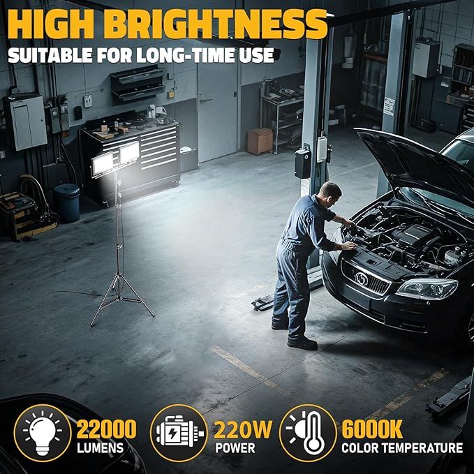 LIVOWALNY 22000 Lumens LED Work Lights with Stand, 2 Adjustable Head 220W Tower Light with 13FT Cord, Portable IP65 Waterproof Tripod Flood Light for Workshop Garage Construction Mechanics Lighting