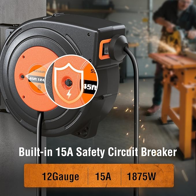 SURAIELEC 12 Gauge Extension Cord Reel, 45 FT Retractable Extension Cord, 12 AWG/3C SJTOW Heavy Duty Power Cord, 15 AMP Circuit Breaker, Lighted Triple Tap, Ceiling or Wall Mount, ETL Listed, Orange