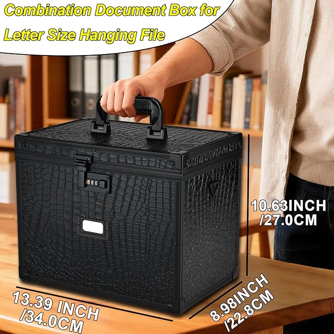 File Storage Cabinet File Organizer Document Organizer File Box in Office and Home with Combination Lock with 20 Letter Size Hanging Files (Aligator Black)