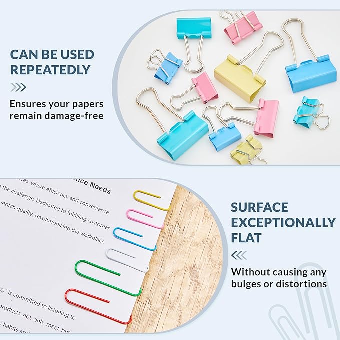 NEEWAY 300pcs Paper Clips and Binder Clips Assorted Sizes with 100 Sheets Sticky Notes, Colored Paper Clips Set for Home, Office Supplies