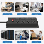 JUNNUJ Heavy Duty 20 Amp Power Strip, Garage 8 Outlets Metal 12 Gauge Surge Protector 3000J, High Amp 5-15P Adapter Shop 6-20R T-Slot Industrial Outlets (8AC, 10FT)