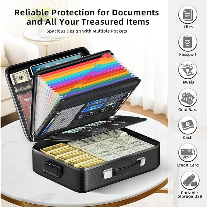 Fireproof Document Box - 8-Layer Hard Shell Fire Proof Safe for Home Documents, Water Resistant File Organizer for Desk Money, Safety Box for Passports Certificates Laptop