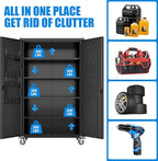 Aobabo Extra Large Garage Storage Cabinet on Wheels, Metal Storage Cabinet with 4 Shelves, 3 Pegboards and 2 Tool Pouches for Home Office Stash, Assembly Required, (Black,43.3''W x 21.9''D x 72''H)