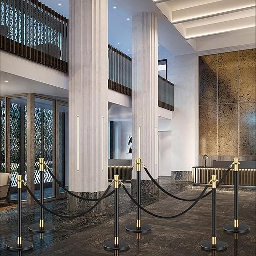 6 Pack Black Gold Stanchions with 4 Black Velvet Ropes, Crowd Control Barriers with Sand Weighted Bases, Stainless Steel Posts for Wedding, Party, Event, Theater Queue Line