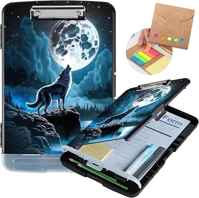 Clipboard with Storage,Heavy Duty Plastic Storage Clipboard with Low Profile Clip,Teacher Must Haves,Office Supplies,Nebula/Galaxy Wolf Moon
