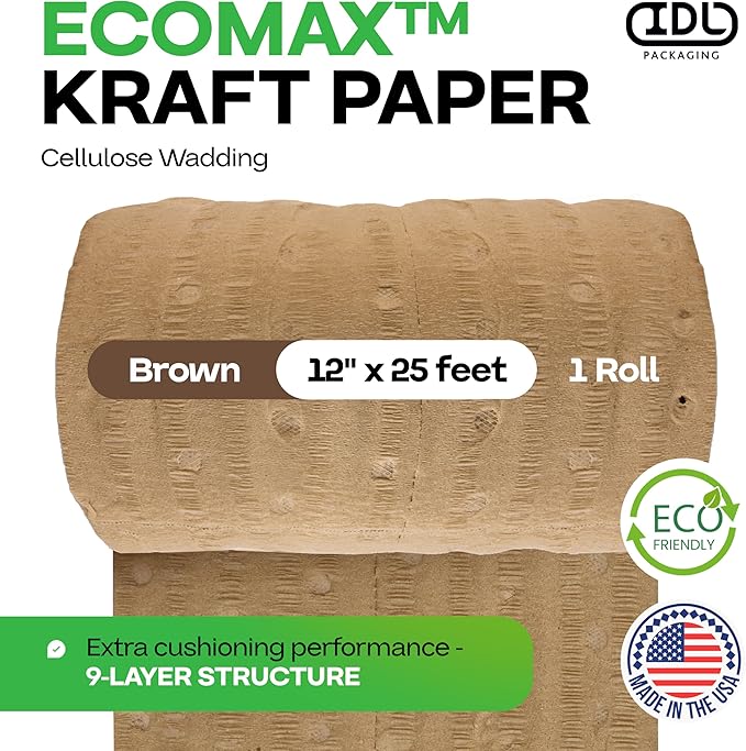 IDL Packaging 12" x 25' EcoMax™ Kraft Paper Cellulose Wadding (1 Roll) - Cushioning Wrapping and Box Void Filling - Soft and Gentle Packing for Shipping, Moving, and Storing Fragile Items