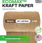 IDL Packaging 12" x 25' EcoMax™ Kraft Paper Cellulose Wadding (1 Roll) - Cushioning Wrapping and Box Void Filling - Soft and Gentle Packing for Shipping, Moving, and Storing Fragile Items
