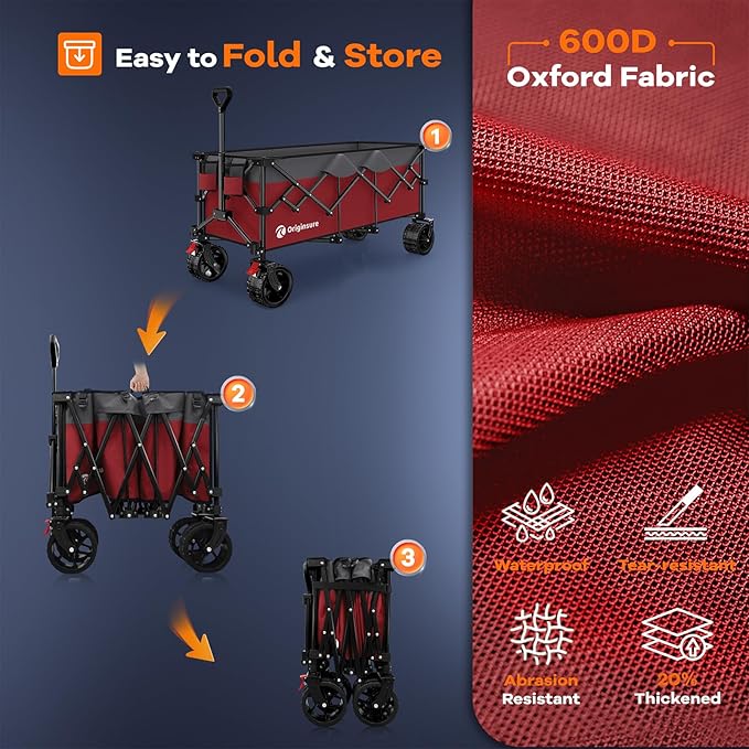 48" L Collapsible Wagon Cart Foldable, 560lbs Weight Capacity 300L Heavy Duty Folding Beach Wagons with Big All-Terrain Wheels, Utility Carts for Groceries, Shopping, Camping, Sports - Grey&Red
