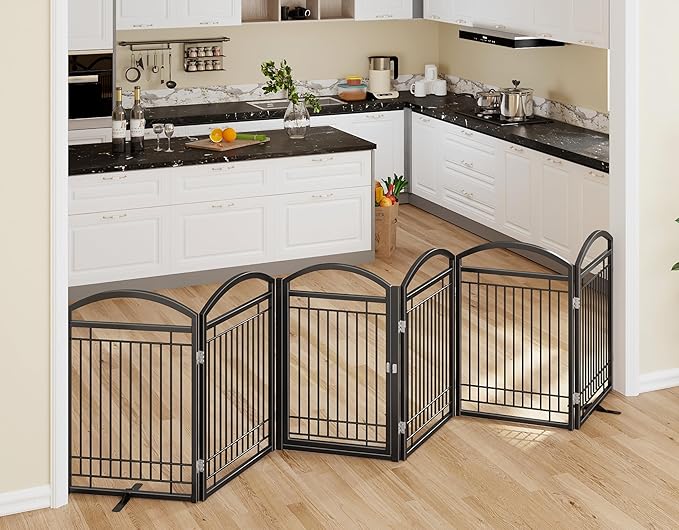 Folding No-Assembly Metal Freestanding Dog Gate with Door Walk Through,32" Height Pet Fence,144" Extra Wide Accordion Puppy Folding Playpen for Doorways,House,Stairs (6 Panels,Black)