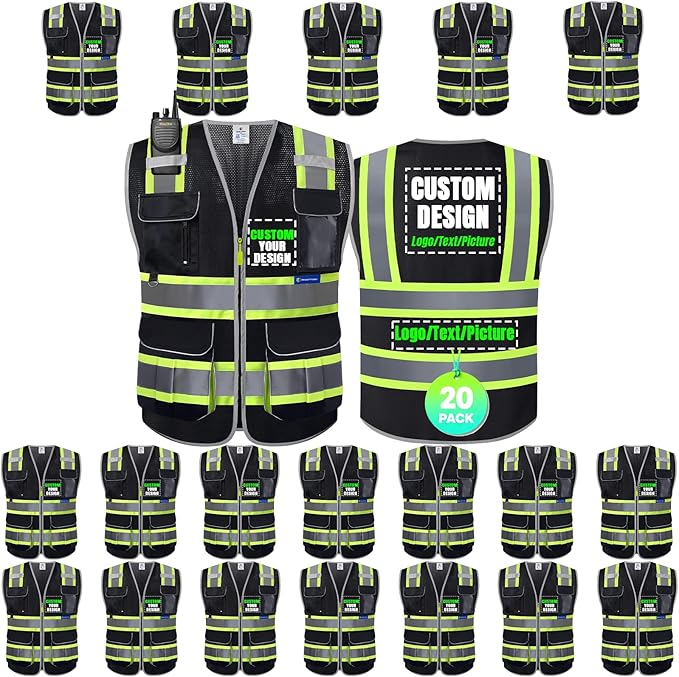 BeautyWill Custom Logo 10 Pockets Safety Vest Class2 ANSI Certified High Visibility Reflective Vest