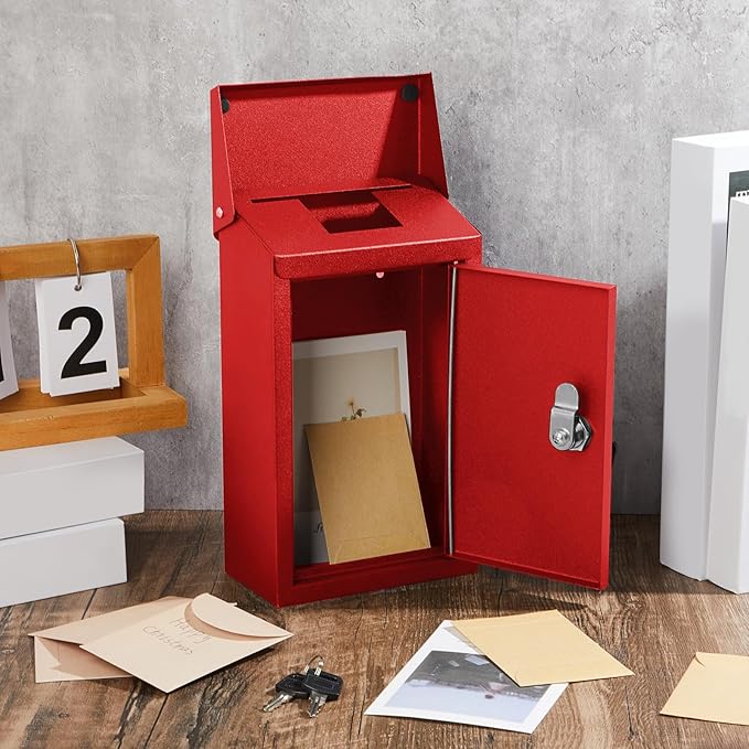 Metal Mount Wall Donation Box Key Lock Money Cash Drop Box with Top Slot and 2 Pcs Reflective Sign 10 x 5.5 x 3 Inch Safe Lock Mailbox with 2 Keys for Outside Office Business Home(Red)