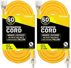 2 Pack Lighted Outdoor Extension Cord 50 ft - 12 Gauge 15 Amp Heavy Duty Power Extension Cords - SJTW - Great for Major Appliances, Power Tools, Garden Supplies - Yellow