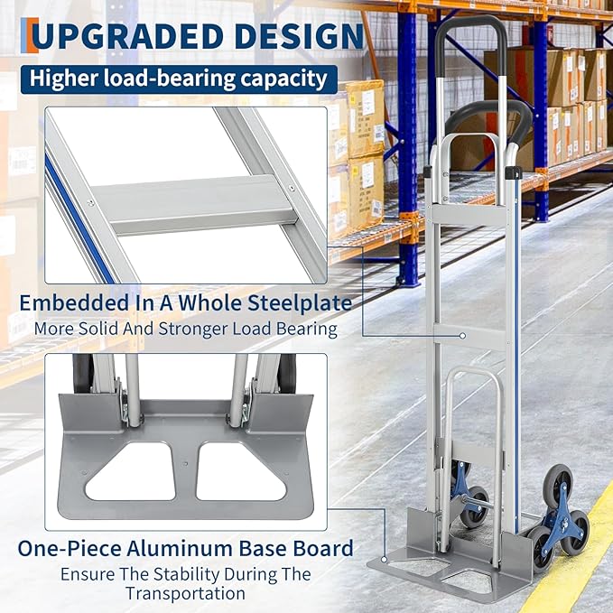Heavy-Duty 2-in-1 Aluminum Stair Climbing Hand Truck – 600 lbs Capacity, Dual Handles, Extendable Base Plate, 6 Wheels, 2 Elastic Ropes – Versatile Trolley for Home, Warehouse, Shopping – Silver