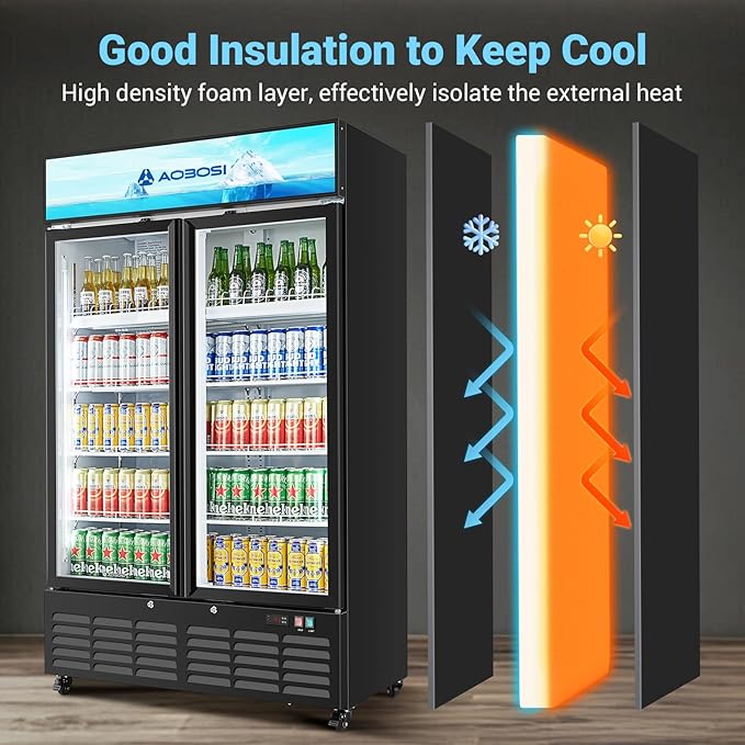 AAOBOSI Commercial Merchandiser Refrigerator,27.02 Cu.Ft Glass Door Display Refrigerator,Upright Beverage Cooler Fridge with Soft LED Light, Customizable Lightbox,Universal Casters,Adjustable Shelves