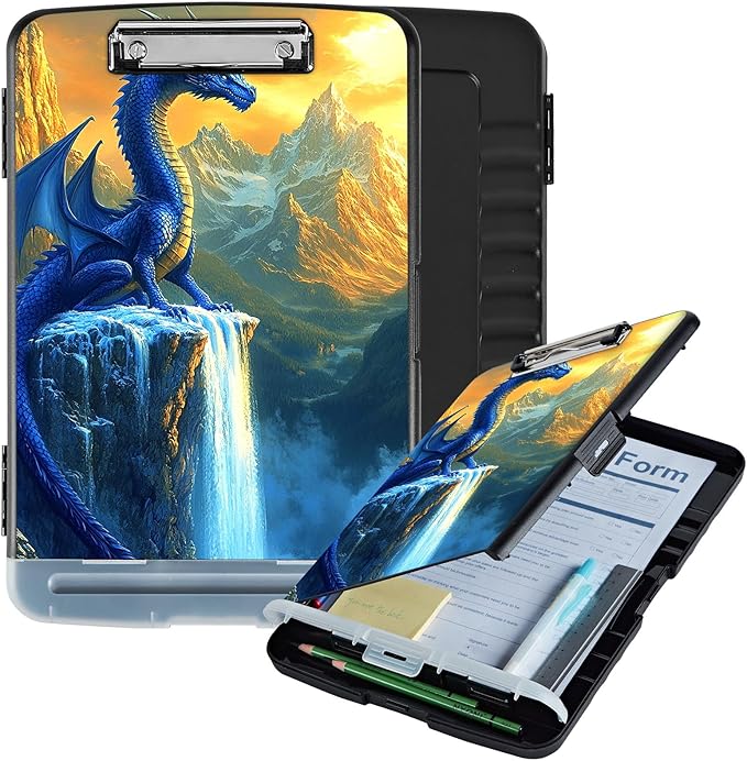 Clipboard with Storage Box & Pen Holder,Heavy Duty Clip Boards 8.5x11 for Nursing,High Capacity,School & Office Supplies,Blue Dragon Majesty