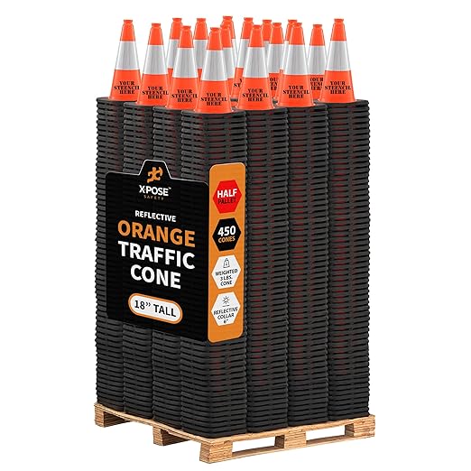 Xpose Safety 18 Inch Orange Traffic Cones 6" Collar - Bulk Half Pallet 450 Pack Multipurpose PVC Plastic Safety Cone for Parking, Soccer, Caution, Kids, and Construction - DOT Approved