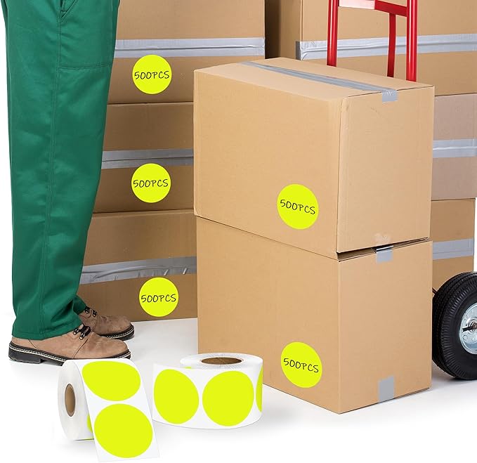500 Pcs 2 Inch Color Code Labels, Fluorescent Yellow Permanent Circle Stickers, Durable, High Visibility for Office, Industrial, and Home Organization