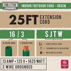 25 Foot Outdoor Extension Cord - 16/3 SJTW Green 16 Gauge Electrical Cable with 3 Prong Grounded Plug