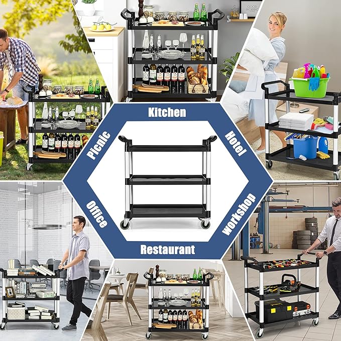 Goplus 3-Tier Utility Cart, Heavy-Duty Service Cart w/Lockable Wheels & Double Handles, Sturdy Aluminum Structure, 495 LBS Max Load, Tool Cart for Office Kitchen Garage (40.5" x 19.5" x 38.5")