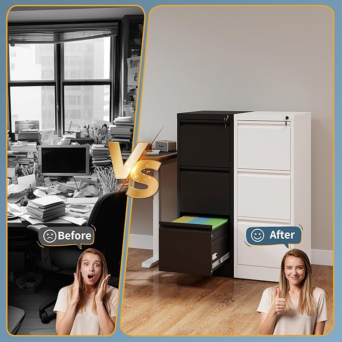 3 Drawer File Cabinet with Lock, Vertical Filing Cabinets for Home Office, Metal Storage Cabinets, Heavy Duty File Cabinet for Letter/Legal/A4/F4 Size Amssebly Required, Black