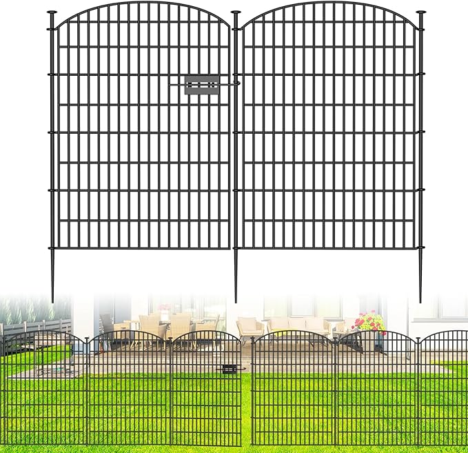 No Dig Decorative Garden Fence 5 Panels with Gate, 40 in (H) x 11.8 ft (L), Dog Fence Outdoor for Yard，Rustproof Metal Animal Barrier Ground Stakes Fencing for Garden, Patio, Flower Bed