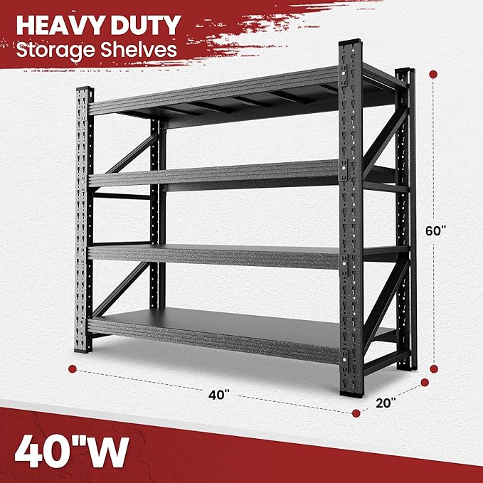 40" Wide Storage Shelves, 2000LBS Garage Shelving Heavy Duty, Standing Shelf Units, 4 Tier Metal Adjustable Storage Shelving Rack for Shop Warehouse Basement, 40'' W x 20''D x 60'' H
