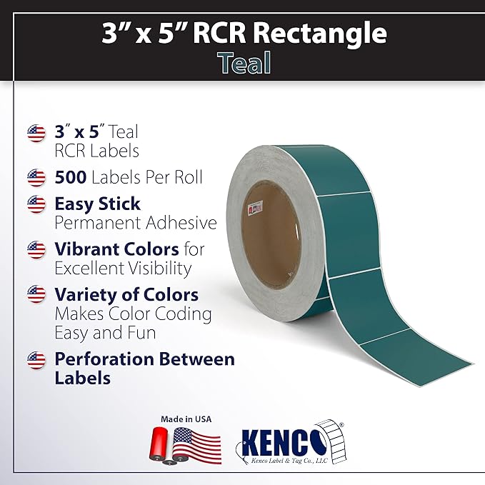 Kenco Color Coding 3 X 5 Rectangle Labels, Inventory Control Stickers 500 Labels Per Roll, Made in The USA (Teal)