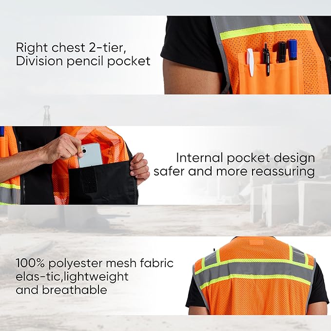 SRsafety High Visibility Vest, Security Vest with 9 Pockets,Mesh Safety Vest for Construction Workers Sanitation Workers