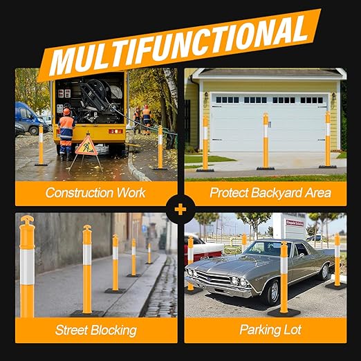 RoadHero 45 Inch Delineator Post with Rubber Base, Heavy Duty Yellow Traffic Delineator Posts Cones with Reflective Collars for Parking Lots, Road Safety, Construction Events 6 Pack