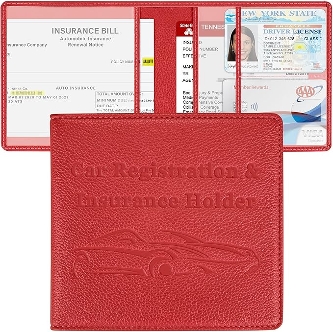 Car Registration and Insurance Holder, Premium PU Leather Vehicle Glove Box Car Organizer Men Women Wallet Accessories Case for ID, Driver's License - Red