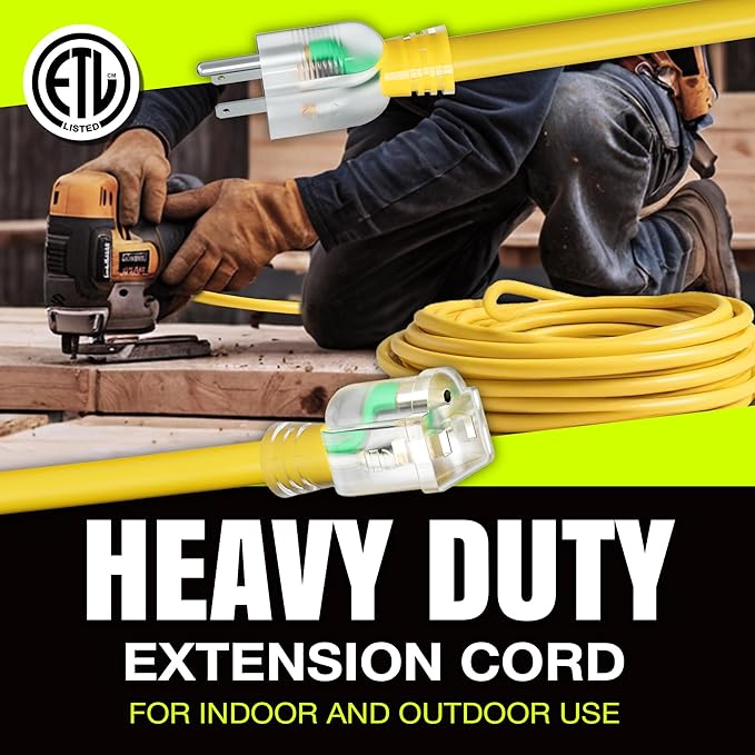 25ft Outdoor/Indoor Extension Cord 10/3 Gauge Ultra Heavy Duty 3 Prong SJTW, Waterproof, ETL Listed, Flexible Cold-Resistant Long Power Cord,15A 125V 1875W, Yellow by LifeSupplyUSA