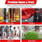 4Pcs Stanchions and Cords Silver Stainless Steel Crowd Control Barriers with 2 Red 4.92Ft Satin Cords Fillable Sand Base No-Tool Assembly for Wedding Party Museum Hotel Exhibition