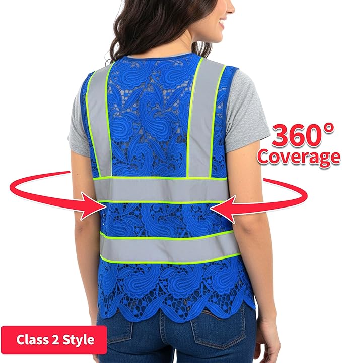 Lace-Mesh Safety Vest for Women & Men - Breathable, High Visibility Vest with Zipper & ANSI Class 2 Reflective Strips