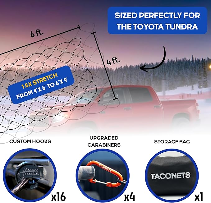 Cargo Net for Toyota Tundra - Fits 2007-2025 - Patented Bed Rail Integration - Heavy Duty 8mm Premium Bungee 4'x6' Cargo Netting - Designed in USA