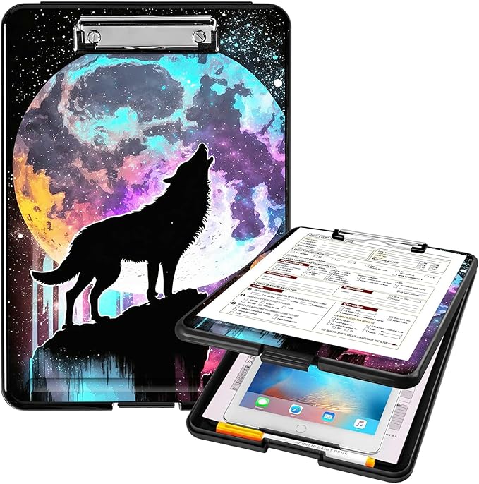 A4 Clipboards,Heavy Duty Waterproof Nursing Plastic Folder Clipboard with Storage Clip Boards,File Folder Storage Box Clipboard Case for Teacher,Doctor,Offices,Galaxy Wolf