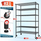 82" H X45 W X18 D Wire Shelving Unit, 6 Tier Adjustable Storage Shelves with Wheels 1200LBS Metal Shelving for Restaurant Garage Pantry Kitchen Closet Commercial,Black