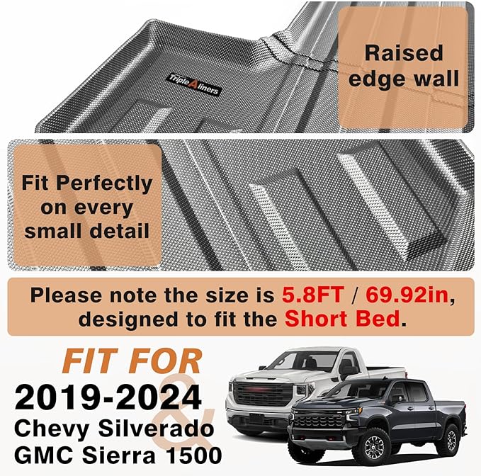 TripleAliners Truck Bed Mat & Floor Mats Front Rear Full Set Compatible with 2019-2025 2026 Chevy Silverado/GMC Sierra 1500 Crew Cab Accessories All Weather TPE Liners (5'8'' Truck Bed Mat+Floor Mats)