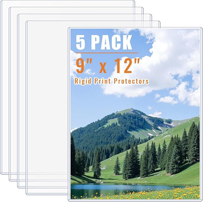 AKONEGE 5PCS 9" x 12" Rigid Print Protectors Clear Plastic Sheet Protectors, Heavy Duty Top Loading Document Holder, Menu Cover, Photo Poster Sleeves Hard Plastic Sleeves for Paper Art Prints
