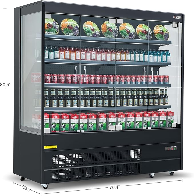 WILPREP Commercial Display Refrigerator, 76" Open Air Merchandiser with 46.9 cu. ft. Volume LED Lighting Night Curtain, Grab and Go Display Refrigerator Showcase for Store Cafe Bar Shop